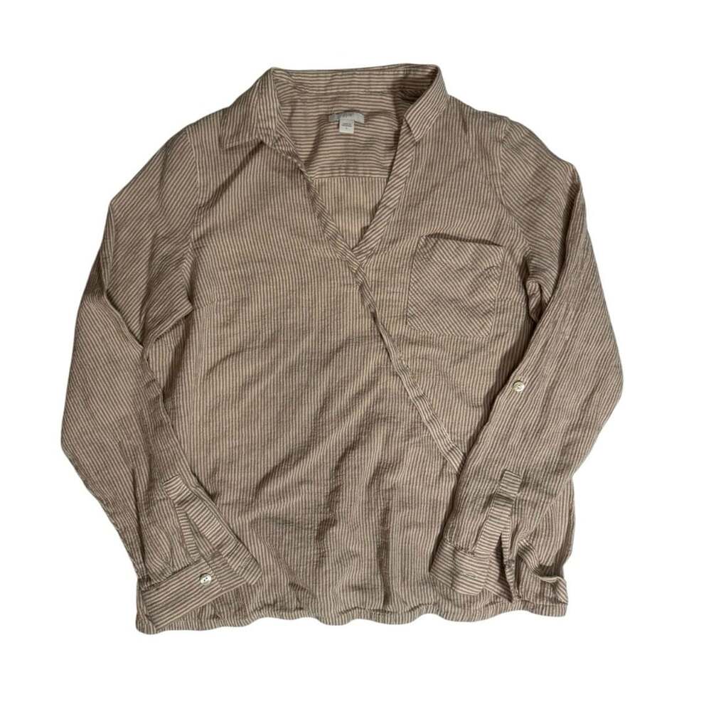 J.Jill Faux Wrap Front Brown/Tan & Cream Striped Long Sleeve Shirt